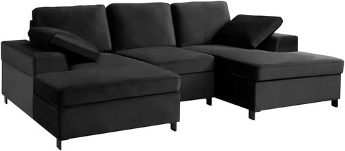 Black Velvet U-Shaped 5 Seater Sofa with Chaise & Storage Footstool Option