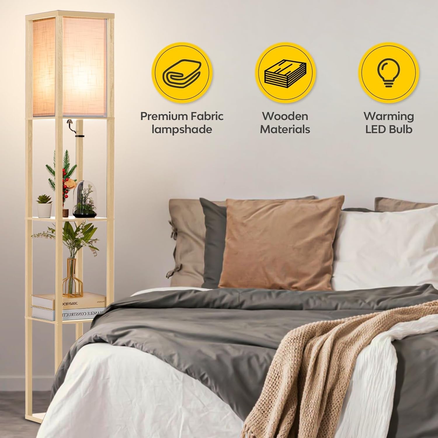 Floor Lamp with Shelves Wooden Standing LED Light Storage Display Natural Wood