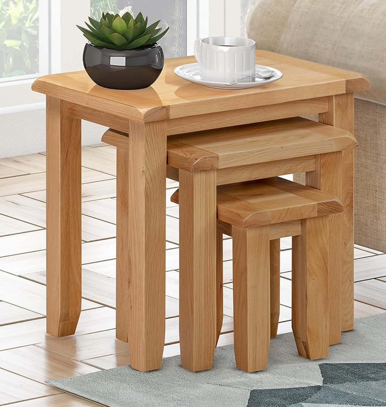 Nest of 3 Coffee Tables Solid Oak Wood Light Rustic Side End Set Space Saving