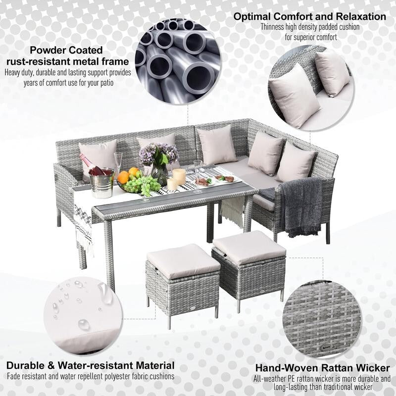 6-Seater Rattan Corner Sofa Dining Set Garden Patio Furniture w/ Table & Stools