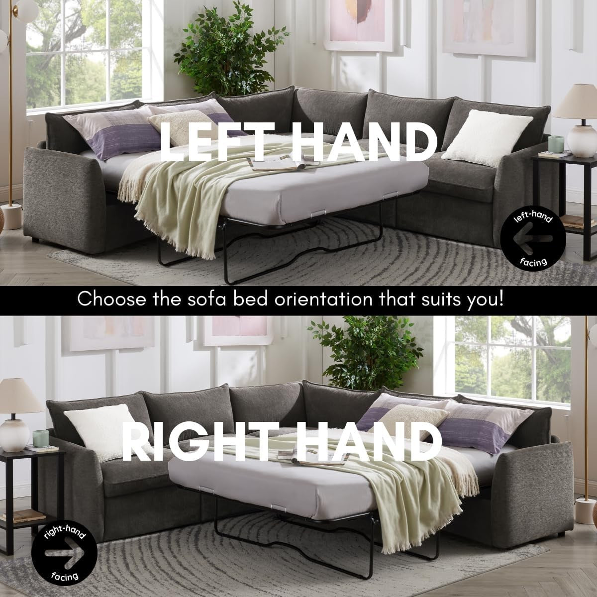 Grey Linen 5 Seater L-Shape Sofa Bed – Pull-Out Sleeper, Metal Frame, Modern