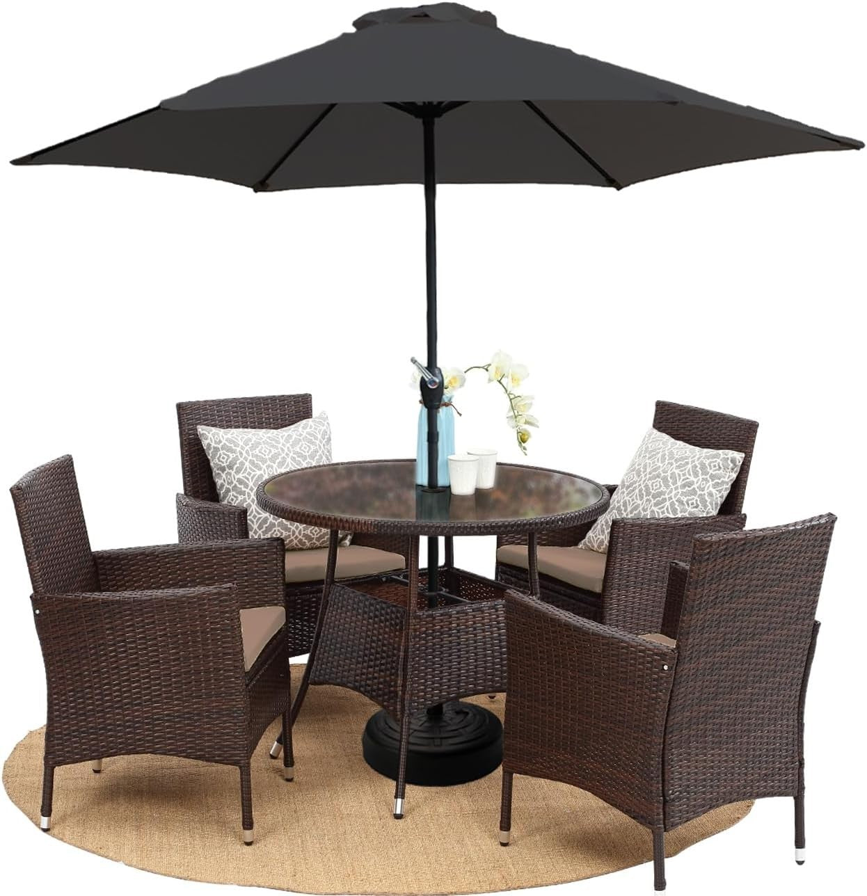 5PC Rattan Garden Dining Set w/ Parasol & Base Outdoor Patio Furniture