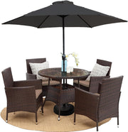5PC Rattan Garden Dining Set w/ Parasol & Base Outdoor Patio Furniture