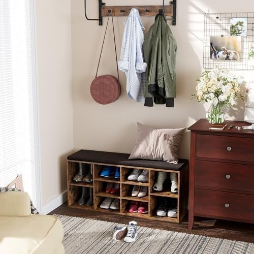 Rustic Shoe Bench with Cushion & 10 Compartments | Entryway Storage Rack