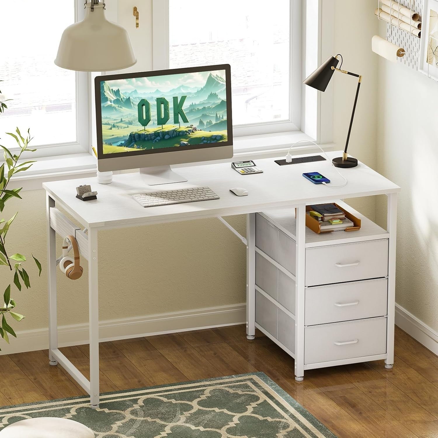 White 120cm Computer Desk w/ 3 Drawers, USB Ports & Power Sockets Office Table