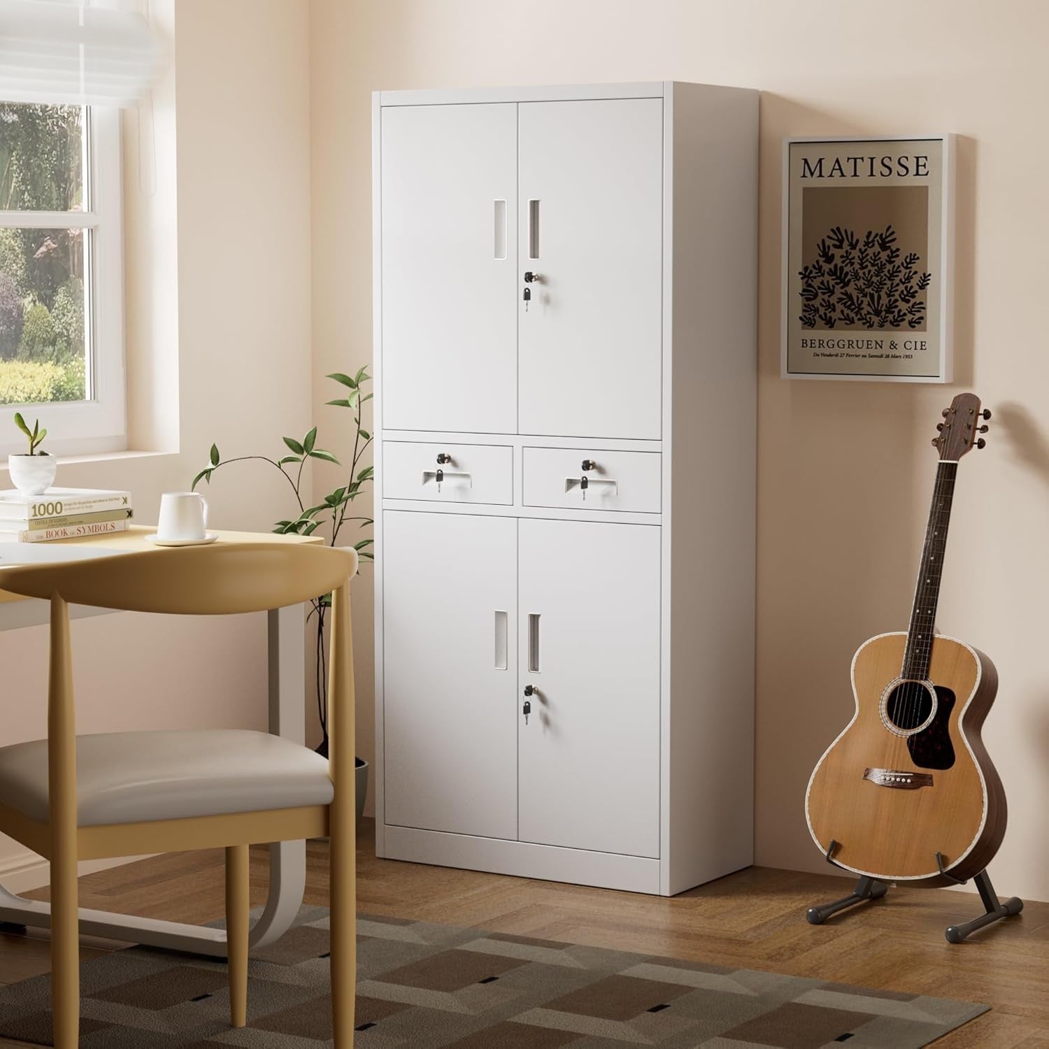 White Metal Storage Cabinet 4 Door 2 Drawer Lockable Steel Cupboard Office 180cm