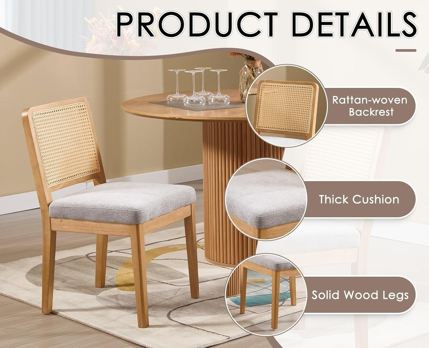 Grey Upholstered Dining Chairs Set of 2 Rattan Back Solid Wood Kitchen Seats