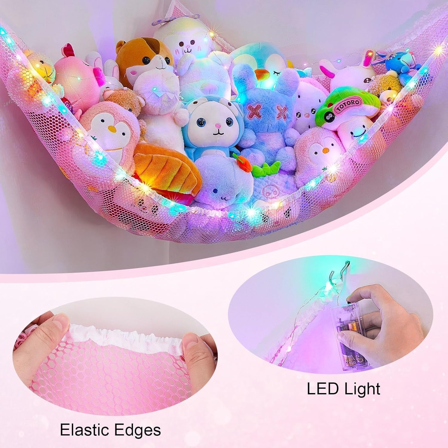 Stuffed Animal Hammock with LED Lights – Toy Storage Net for Kids Rooms