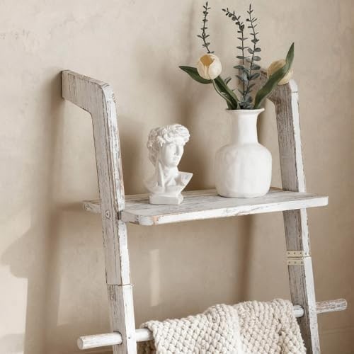 67in White Wood Blanket Ladder with Top Shelf Hooks 5-Tier Farmhouse Rack