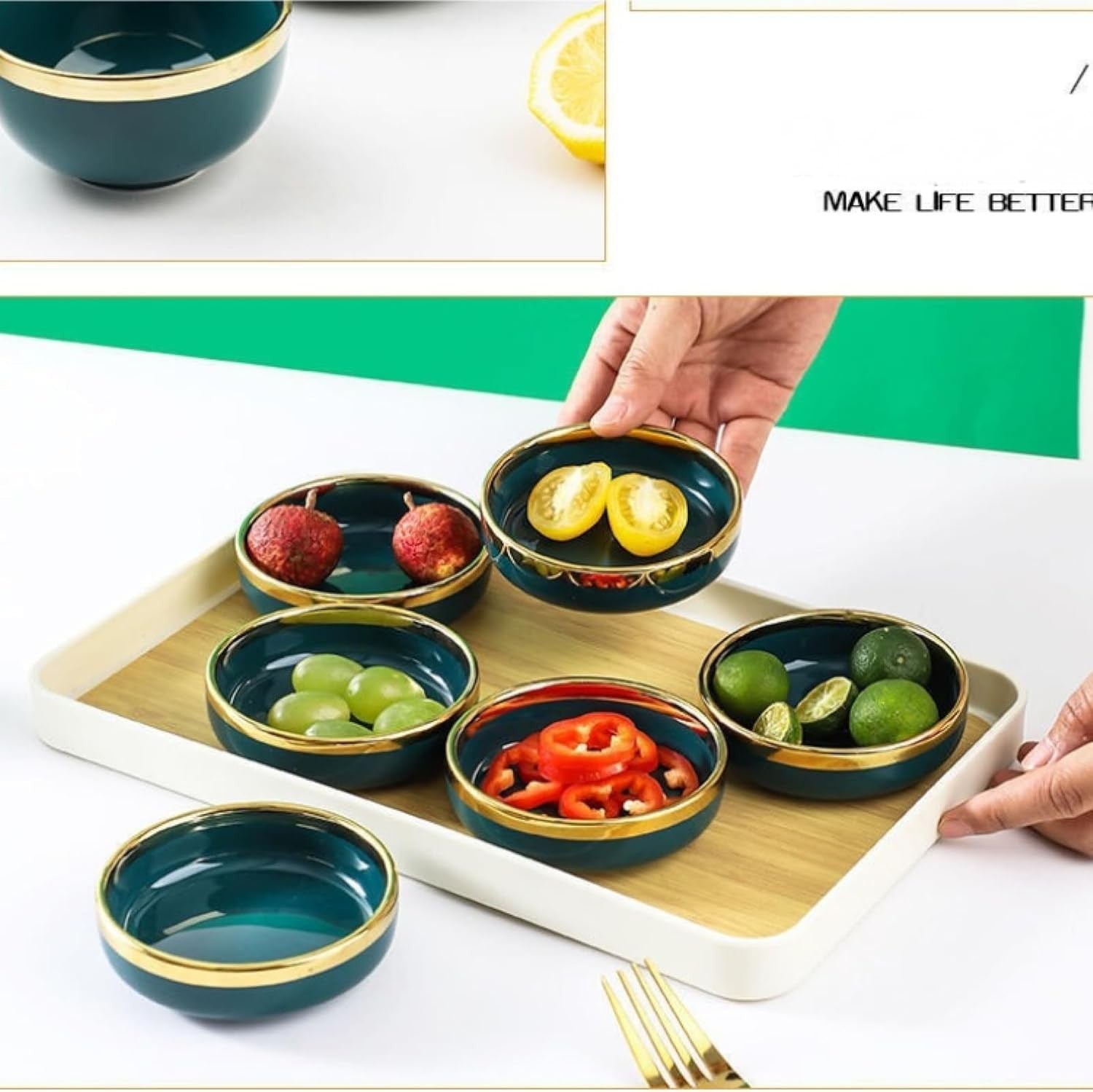 24 Piece Bone China Dinner Set Gold Rim Green Plates Bowls Microwave Safe
