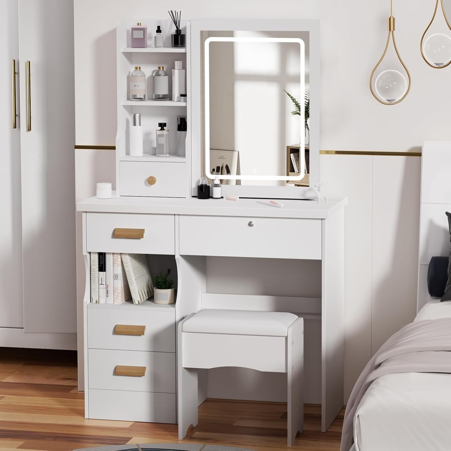 White Dressing Table Makeup Vanity Desk w/Mirror LED Lights Storage Drawers Smal