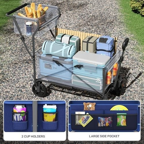 Foldable Heavy Duty Festival Trolley Push & Pull Wagon with Basket Blue
