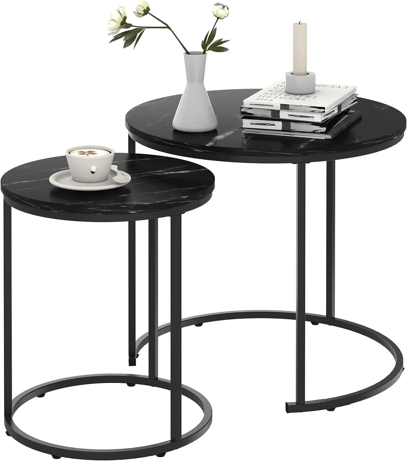 Nesting Coffee Table Set of 2 Round Faux Marble End Side Table for Living Room