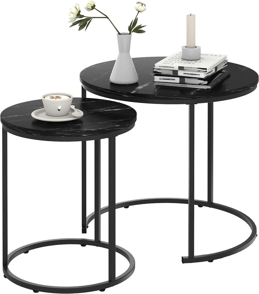 Nesting Coffee Table Set of 2 Round Faux Marble End Side Table for Living Room
