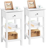 Set of 2 White Narrow Bedside Tables with Drawer & 2 Shelves | Slim Wooden