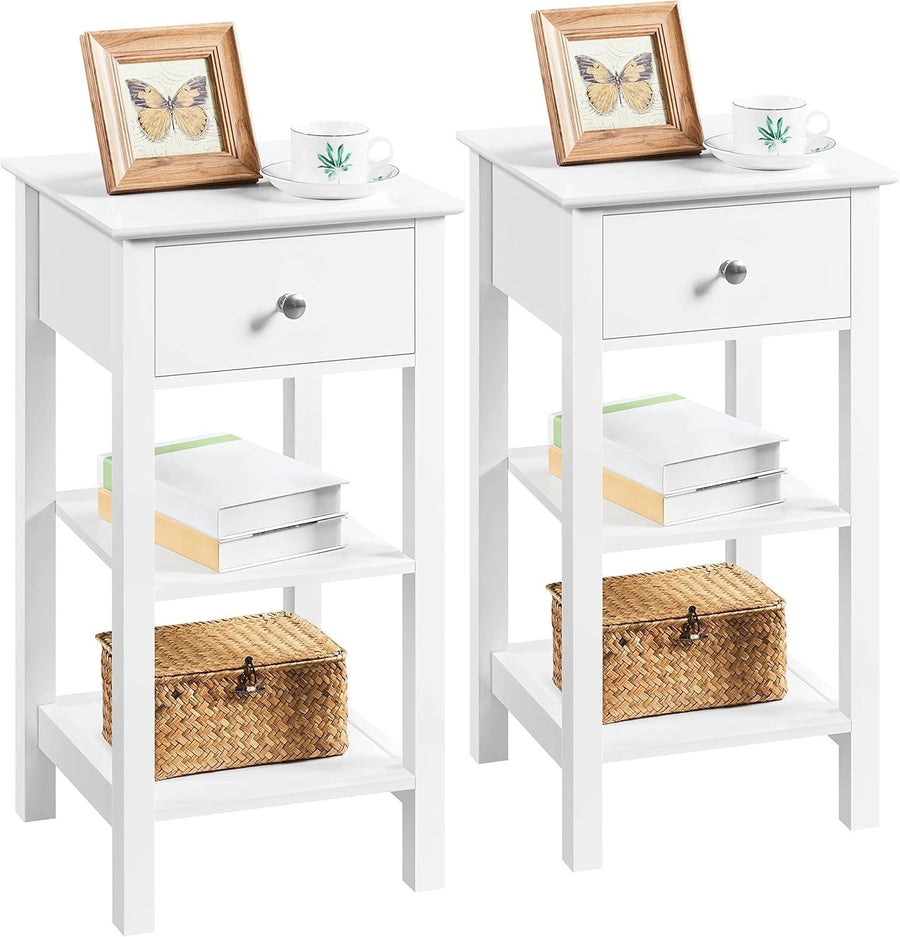 Set of 2 White Narrow Bedside Tables with Drawer & 2 Shelves | Slim Wooden