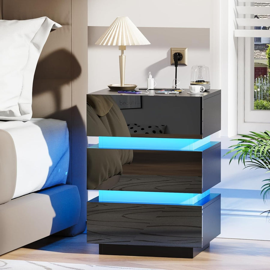 Black LED Bedside Table with USB Charging, Power Socket & 3 Drawers