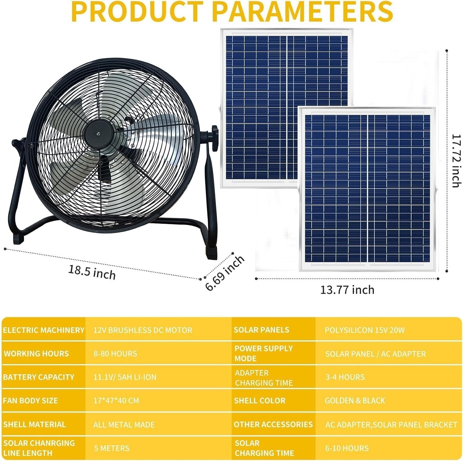 16" Solar Rechargeable Floor Fan – 12-Speed Dual Power AC/DC Cooling Fan Black