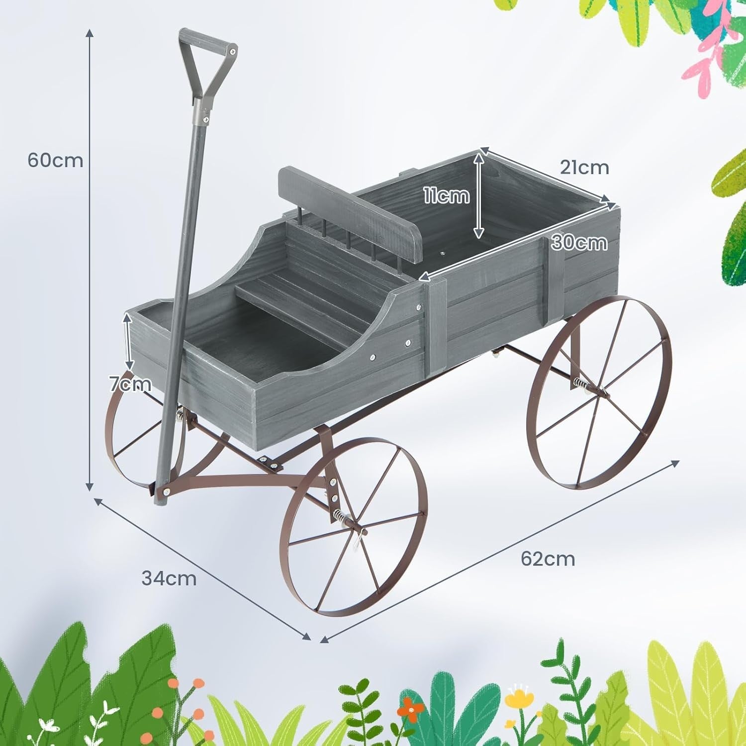 Grey Wooden Garden Wagon Planter Decorative Flower Cart w/ Handle & Wheels