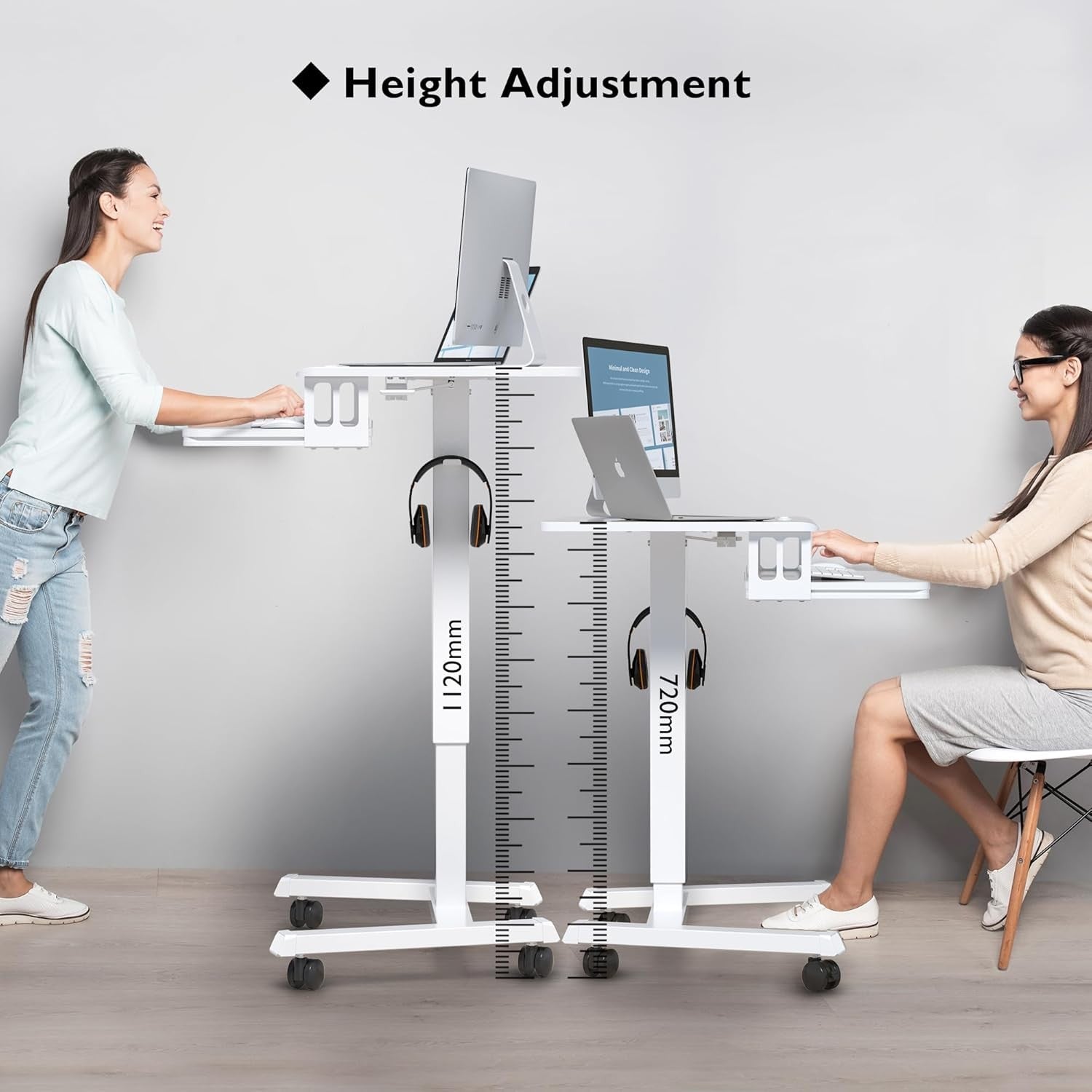 Height Adjustable Mobile Standing Desk on Wheels Laptop Workstation White