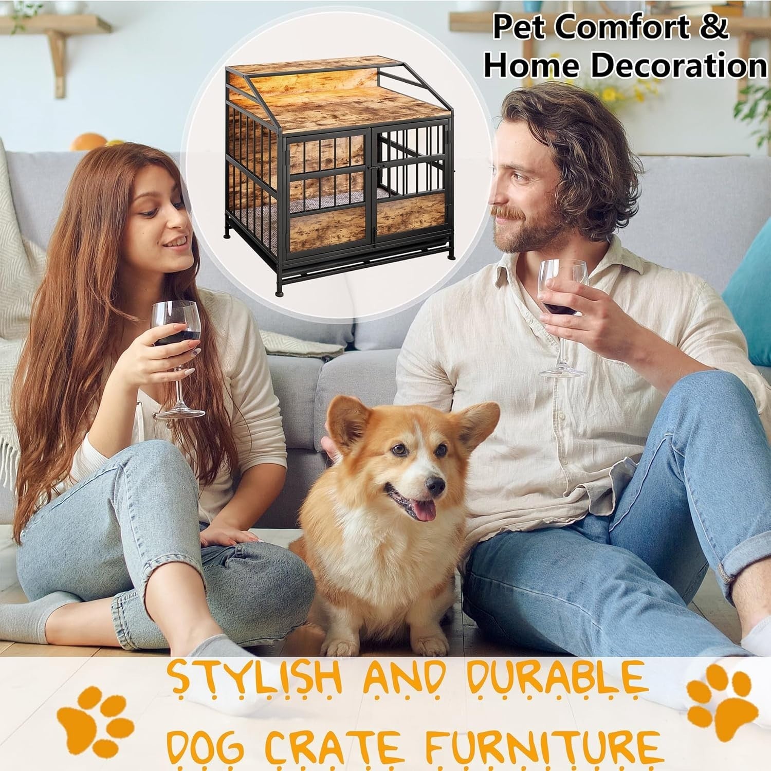 Rustic Dog Crate Furniture with LED Light & Removable Tray – Medium Size