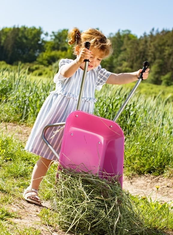 Kids Pink Metal Wheelbarrow – Plastic Handles, Tubular Tyre, Holds 25kg Load Cap