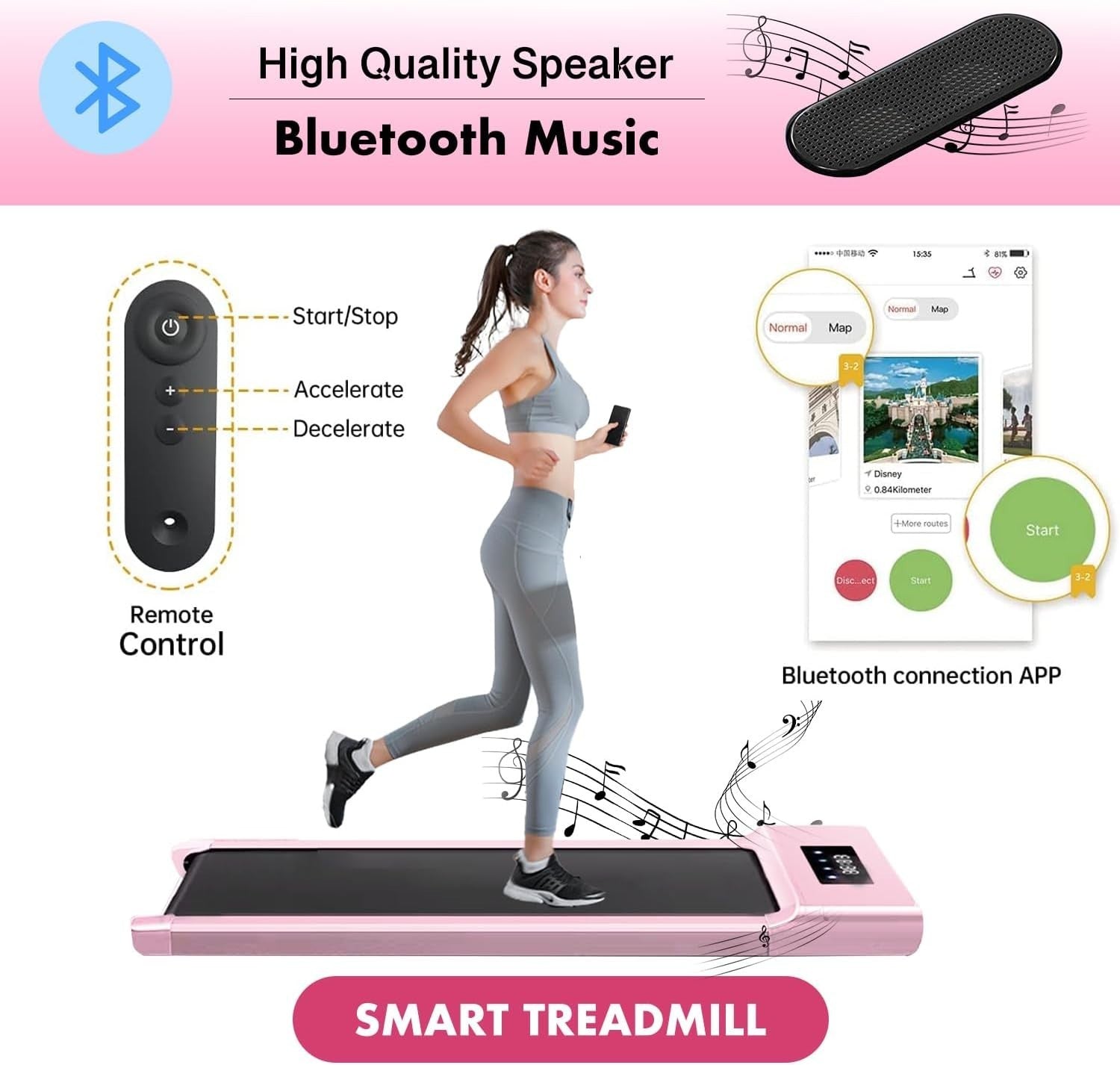 Under Desk Treadmill with Bluetooth Speaker & Remote 1-12km/h Home Office