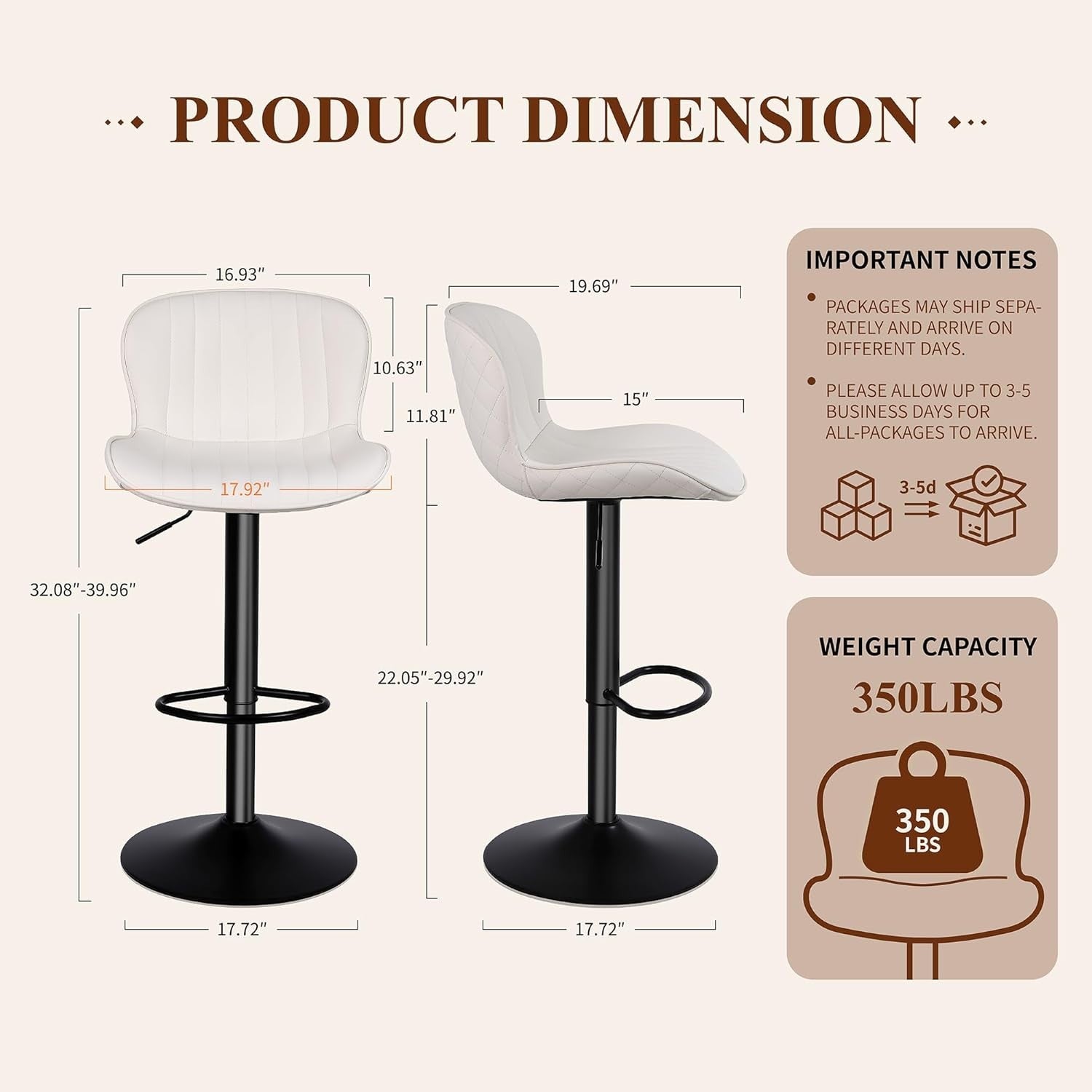 Beige PU Leather Bar Stools Set of 3 Adjustable Kitchen Counter Chairs