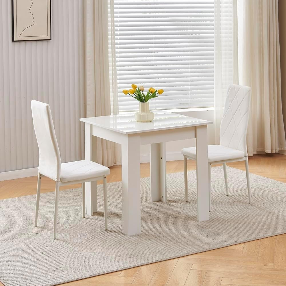 Modern 3-Piece White Marble Dining Set with 2 White Velvet Chairs for Small Spac