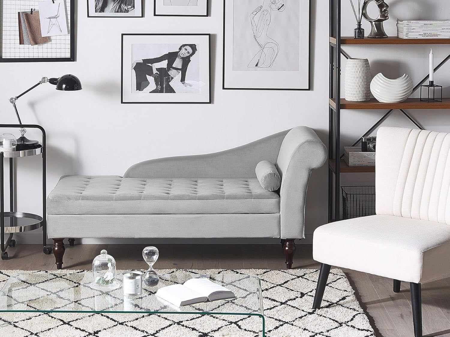 Velvet Storage Chaise Lounge Grey Tufted Back Wooden Legs Compact Design