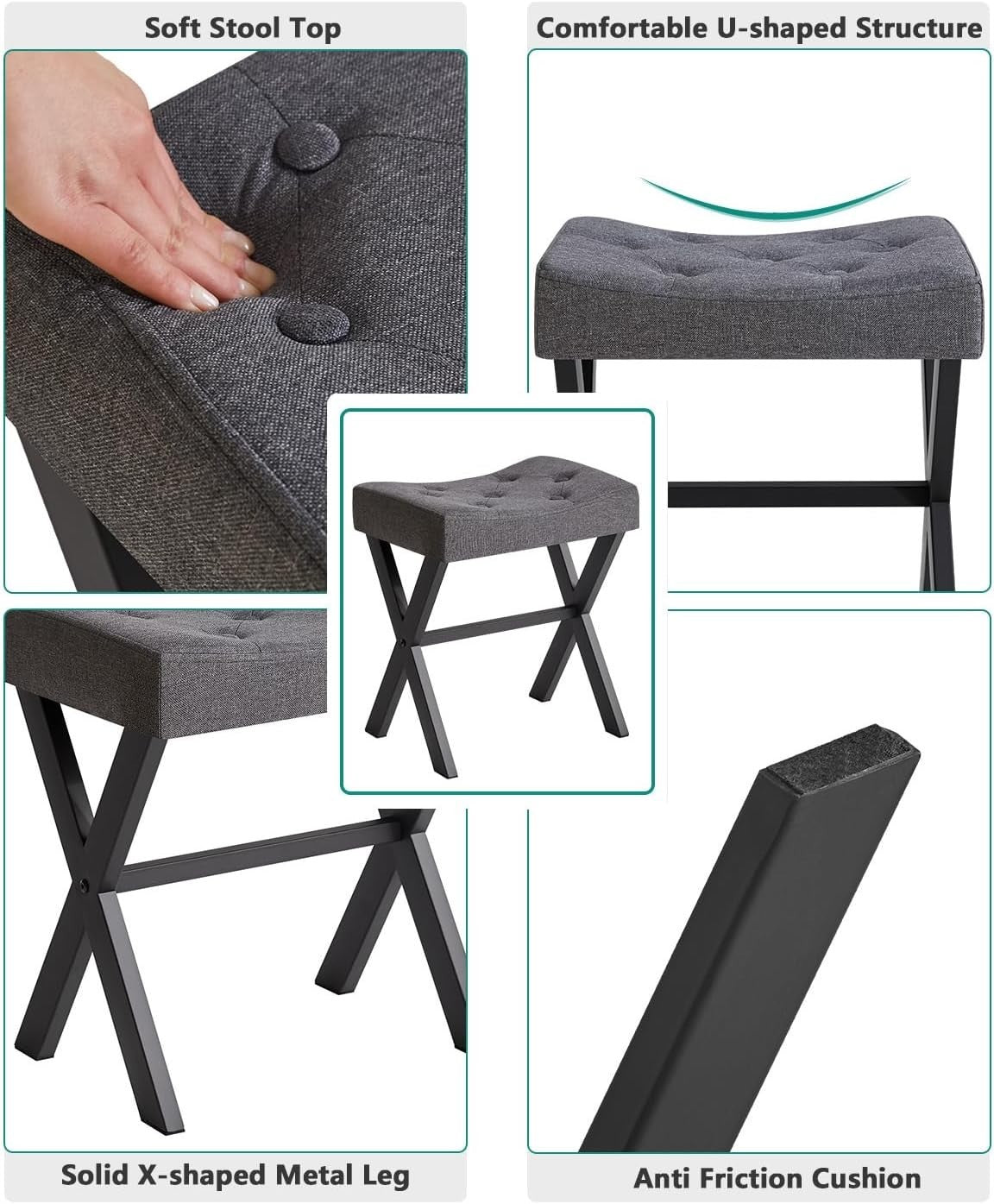 Dark Gray U-Shaped Vanity Stool with X-Leg – Linen Makeup Ottoman Seat