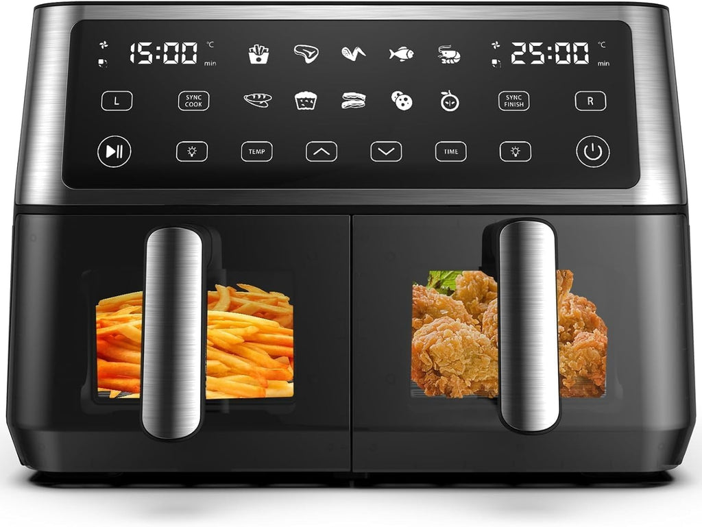 10L Dual Air Fryer with Window 2 Drawers 10 Presets Sync Cook Touchscreen