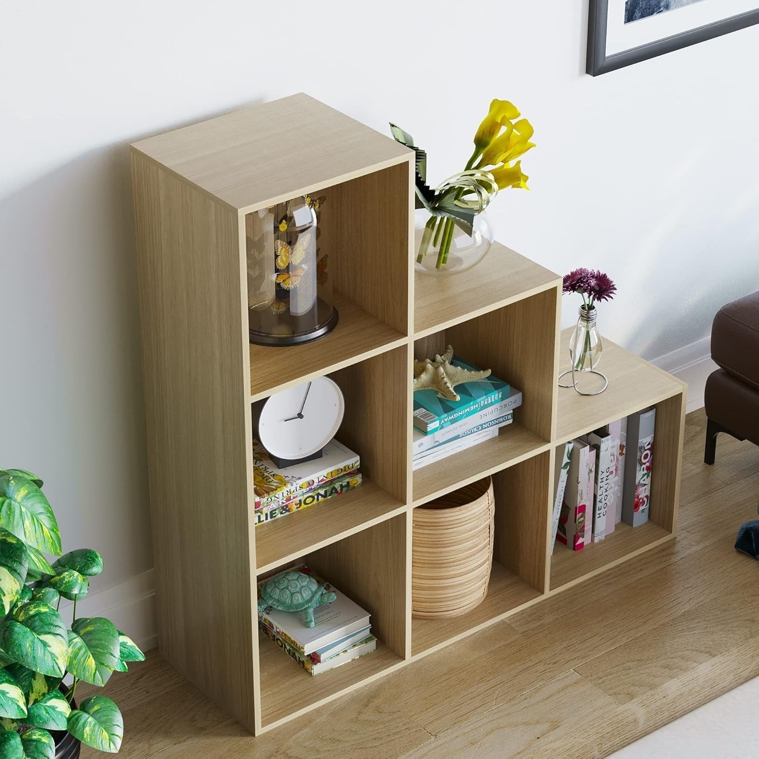 6 Cube Staircase Storage Shelf Oak Finish Durable Modern Organizer