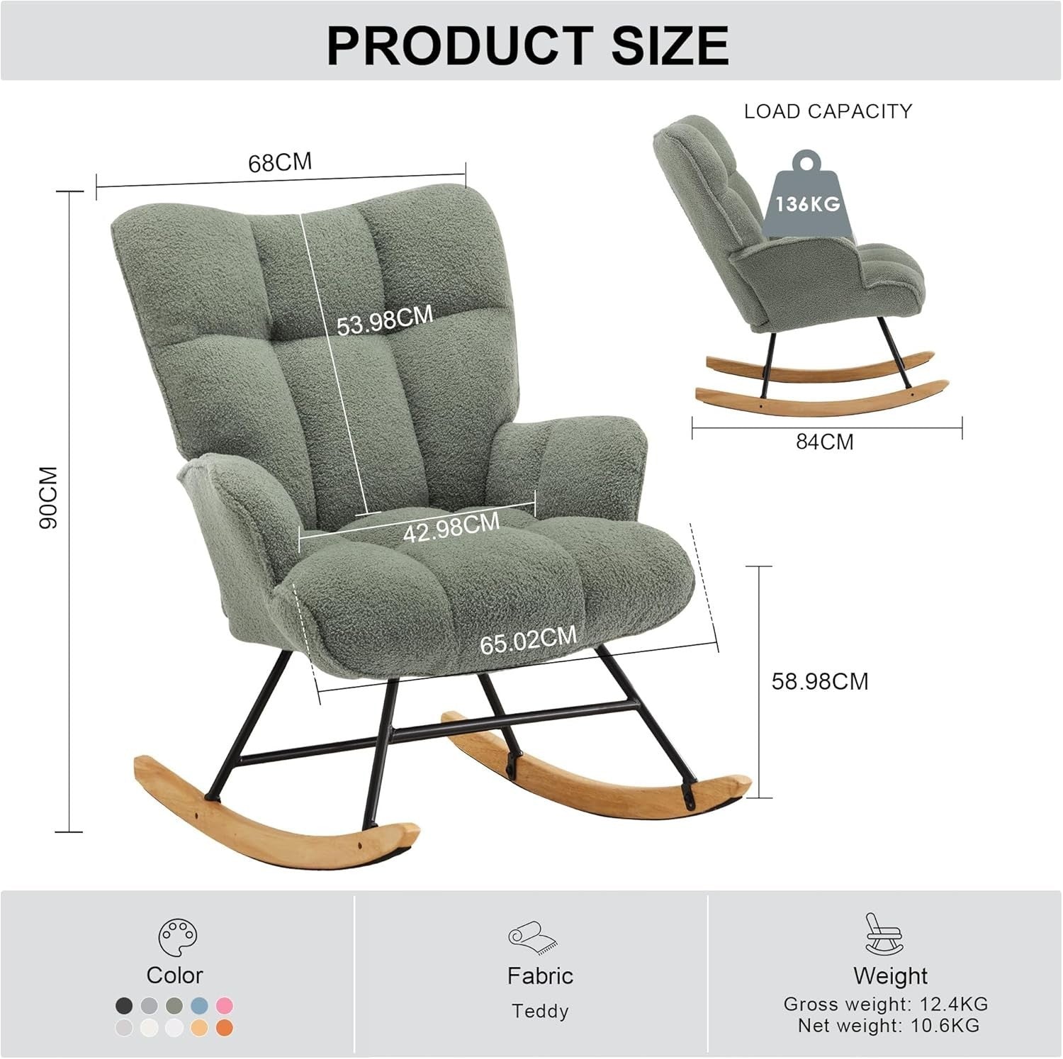 Rocking Chair Nursery Glider Comfy Armchair High Back Padded Seat Green
