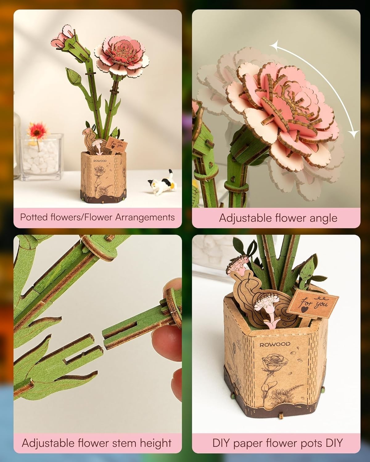 DIY 3D Wooden Pink Carnation Flower Puzzle Kit – Creative Gift & Decor