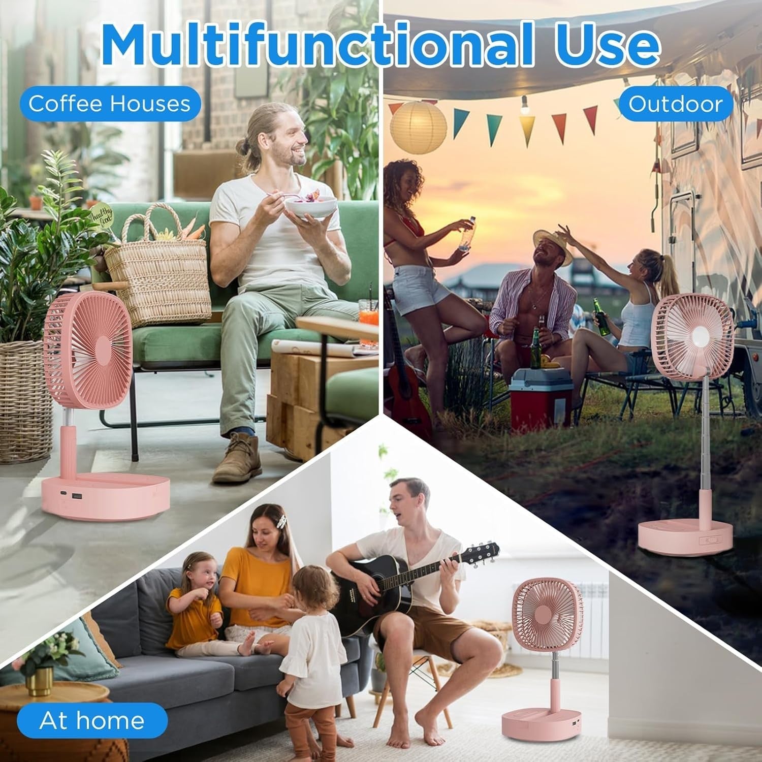 3-in-1 Portable Fan Pink – Rechargeable Oscillating Desk & Standing Fan w/Remote
