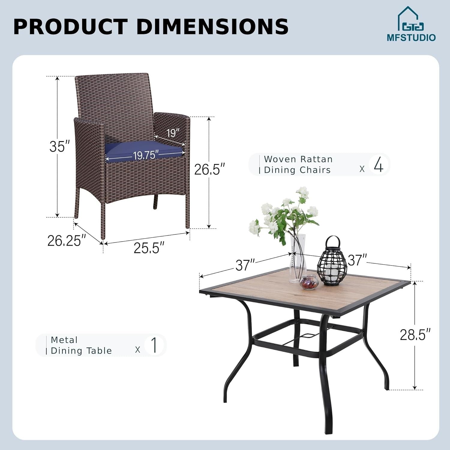 37" Outdoor Rattan Dining Set Table Chairs Garden Patio Bistro Furniture