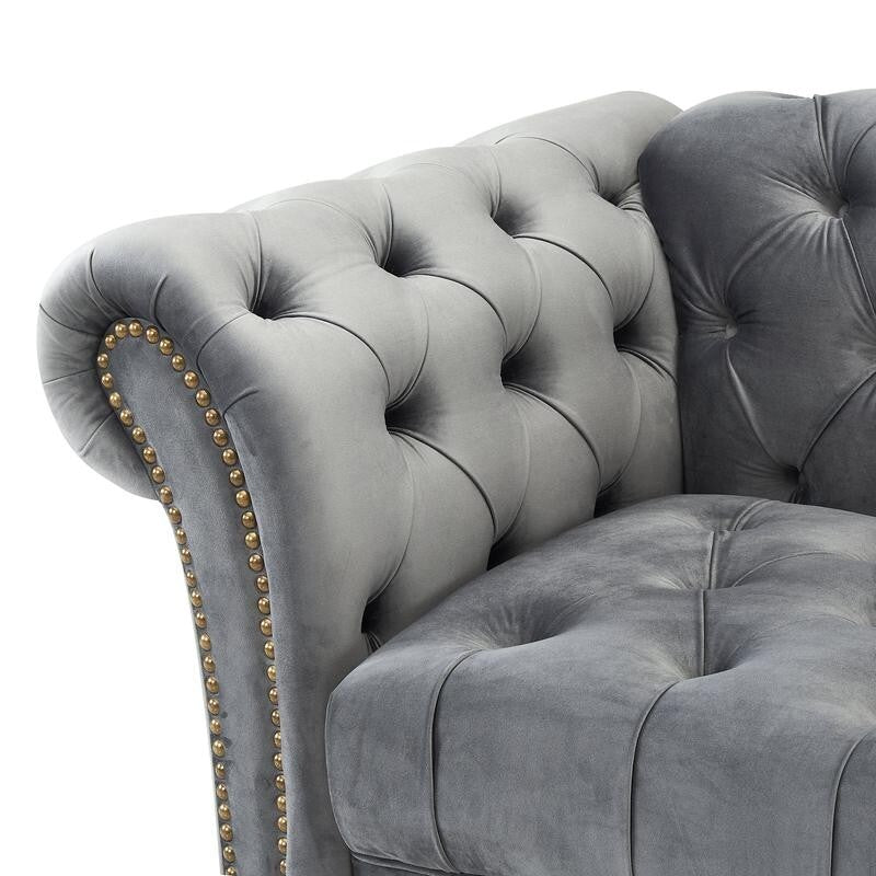 Grey Velvet Chesterfield Armchair 1.5 Seater Sofa Tufted Wood Legs