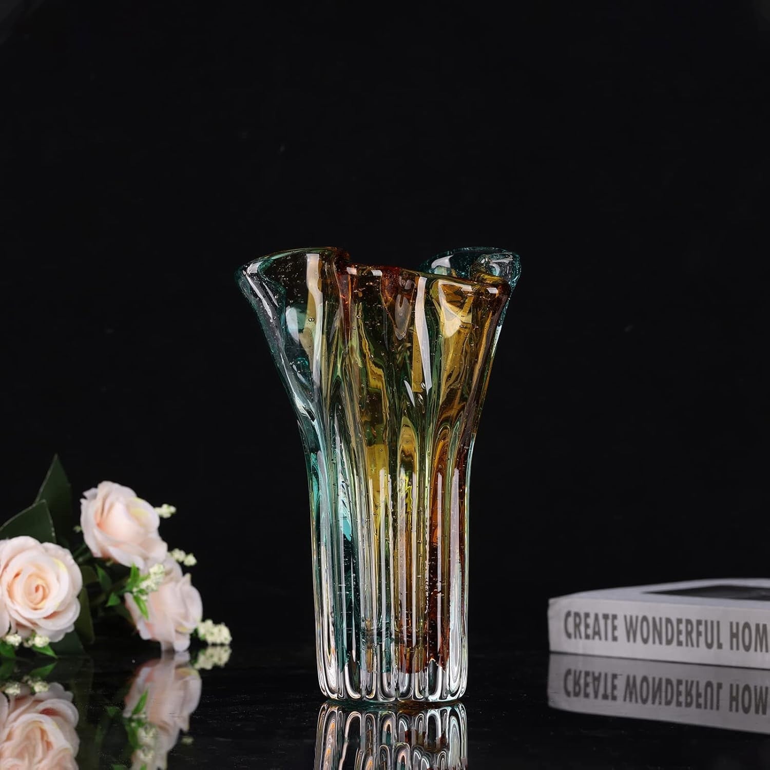 Hand Blown Wide Mouth Glass Vase Modern Art Petal Shape Table Decor