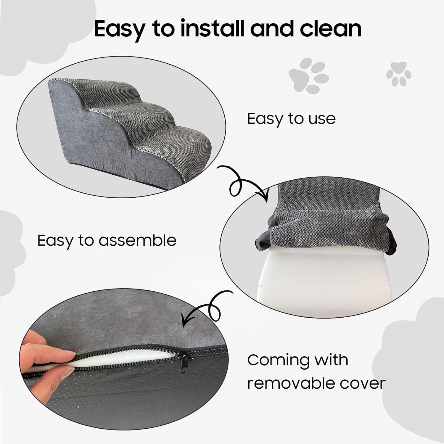 Dog Stairs for Small Dogs & Cats Foam Pet Steps Washable Cover Grey