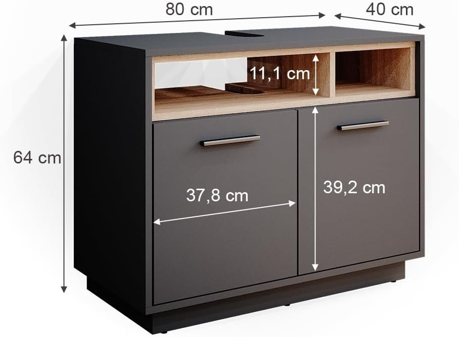 Anthracite Bathroom Sink Cabinet Vanity Storage Unit with Oak Shelves 80x64cm