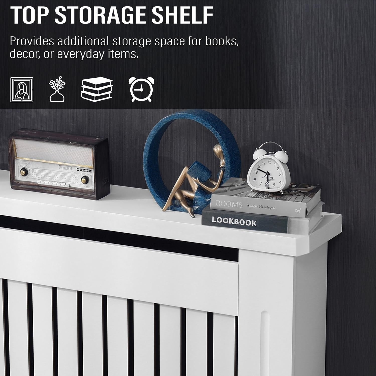 Medium White Radiator Cover | Modern MDF Slatted Cabinet with Shelf
