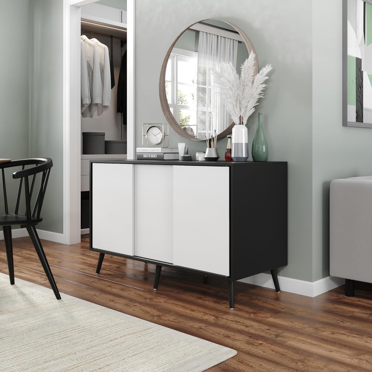 3 White Door Sliding Sideboard Cabinet Wooden Black Leg Modern Storage Organizer