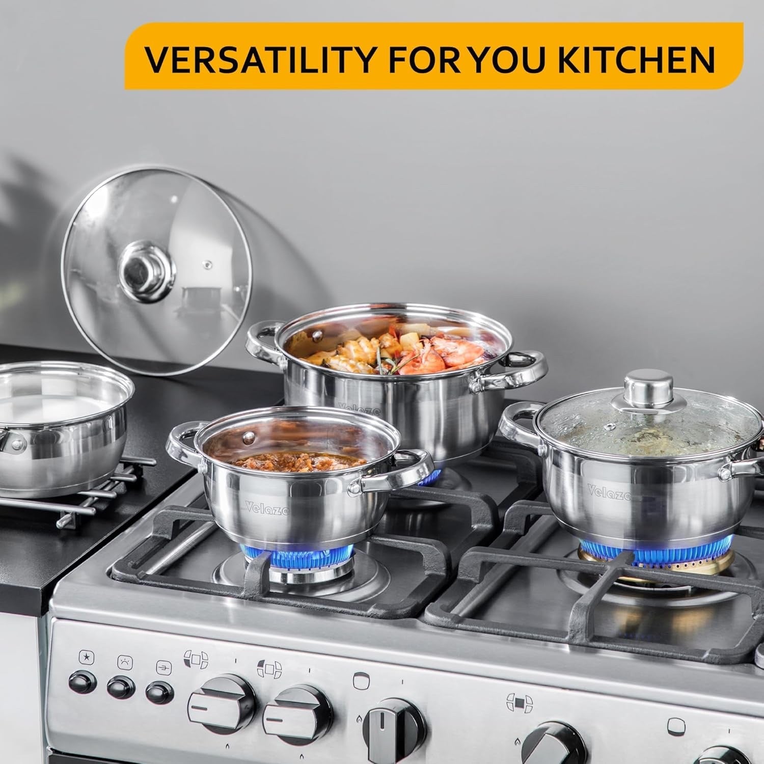 7Pcs Stainless Steel Cookware Pot Set with Glass Lids Induction & Gas Compatible