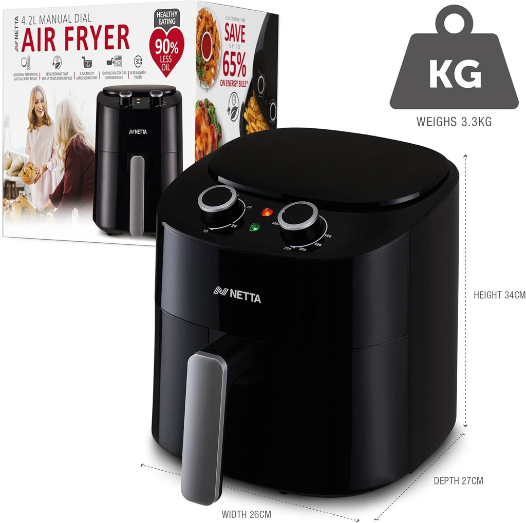 4.2L Air Fryer 220°C Manual Temp Control 30min Timer Oil Free 1300W Black