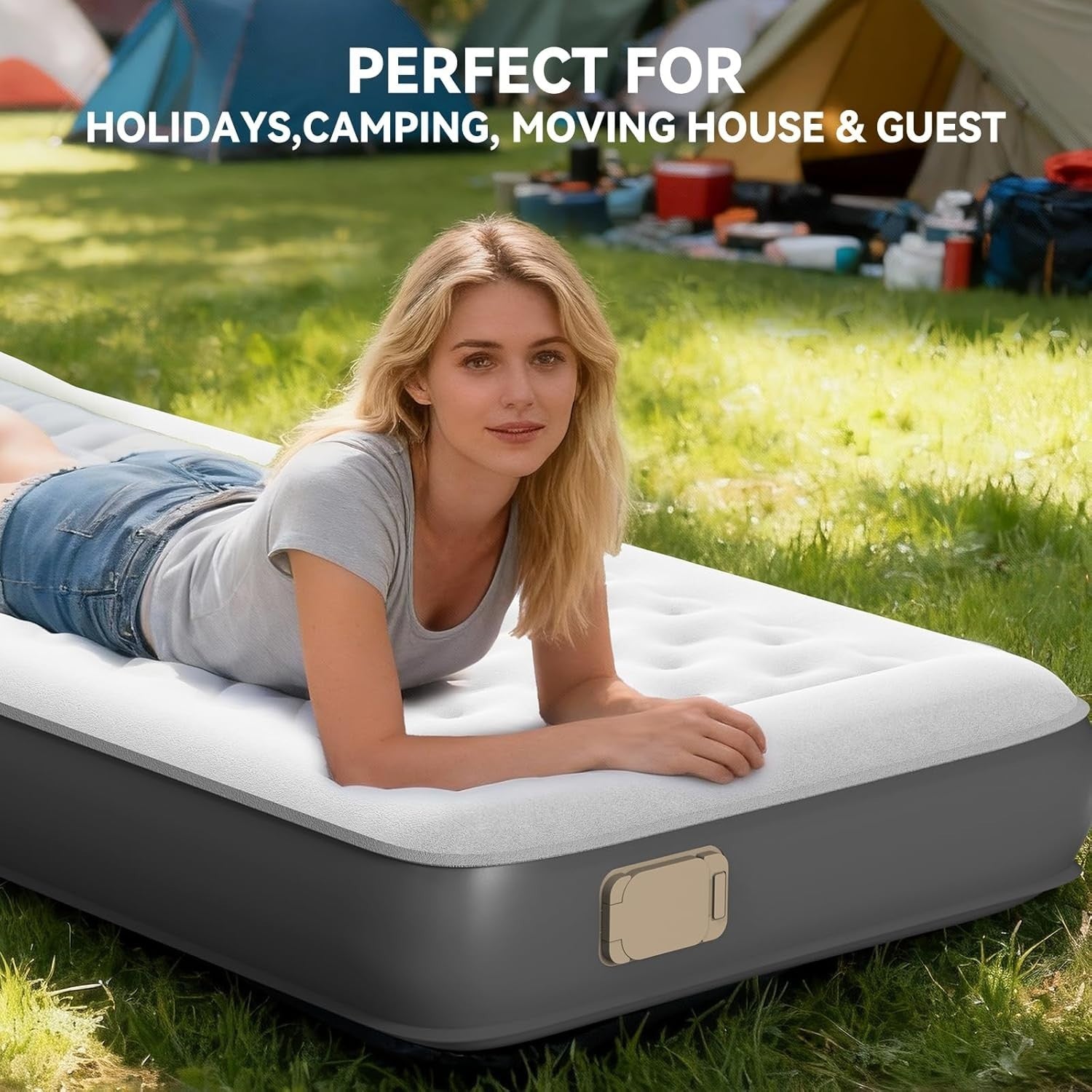 Double Air Bed with Built-In Pump Self Inflating Suede Camping Mattress