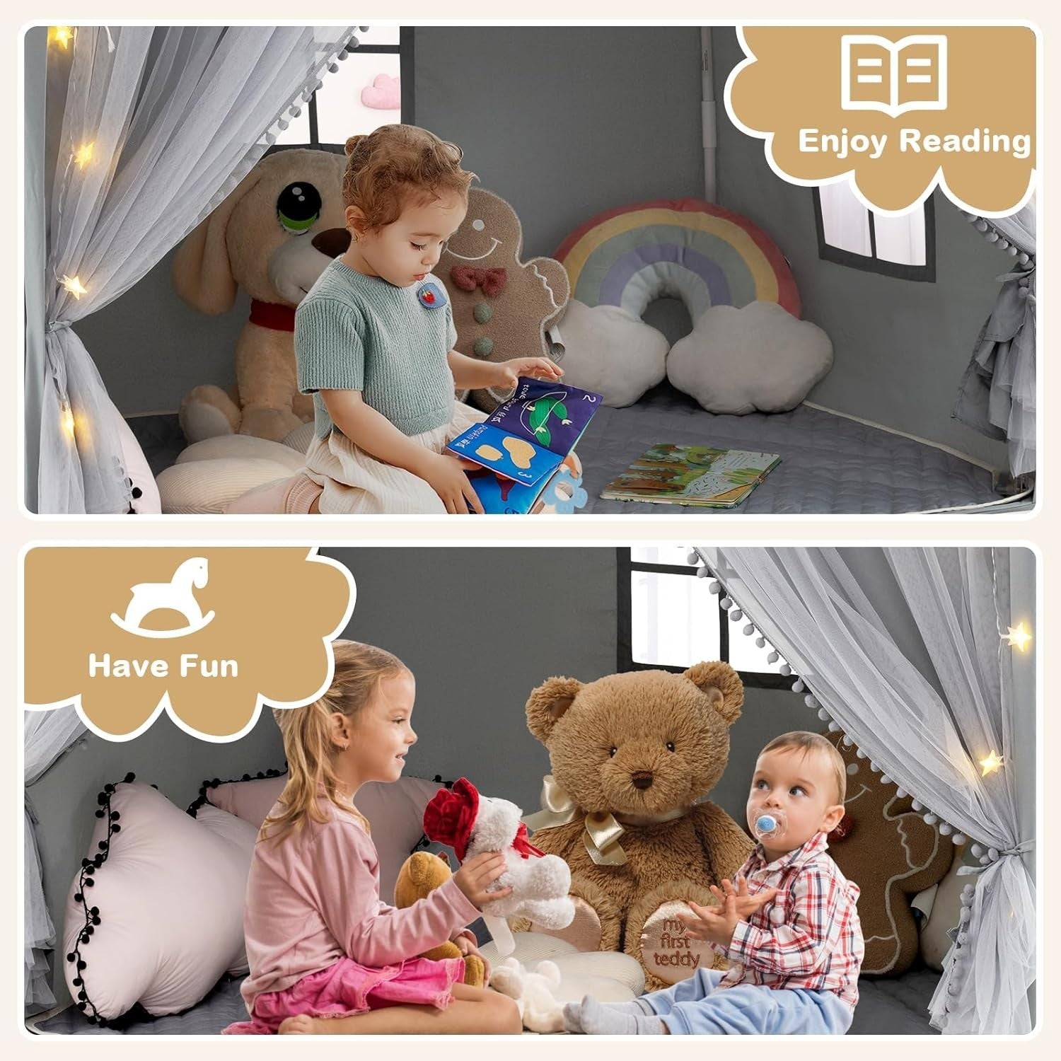 Grey Kids Fairy Castle Tent Indoor Outdoor Playhouse w Lights Mat