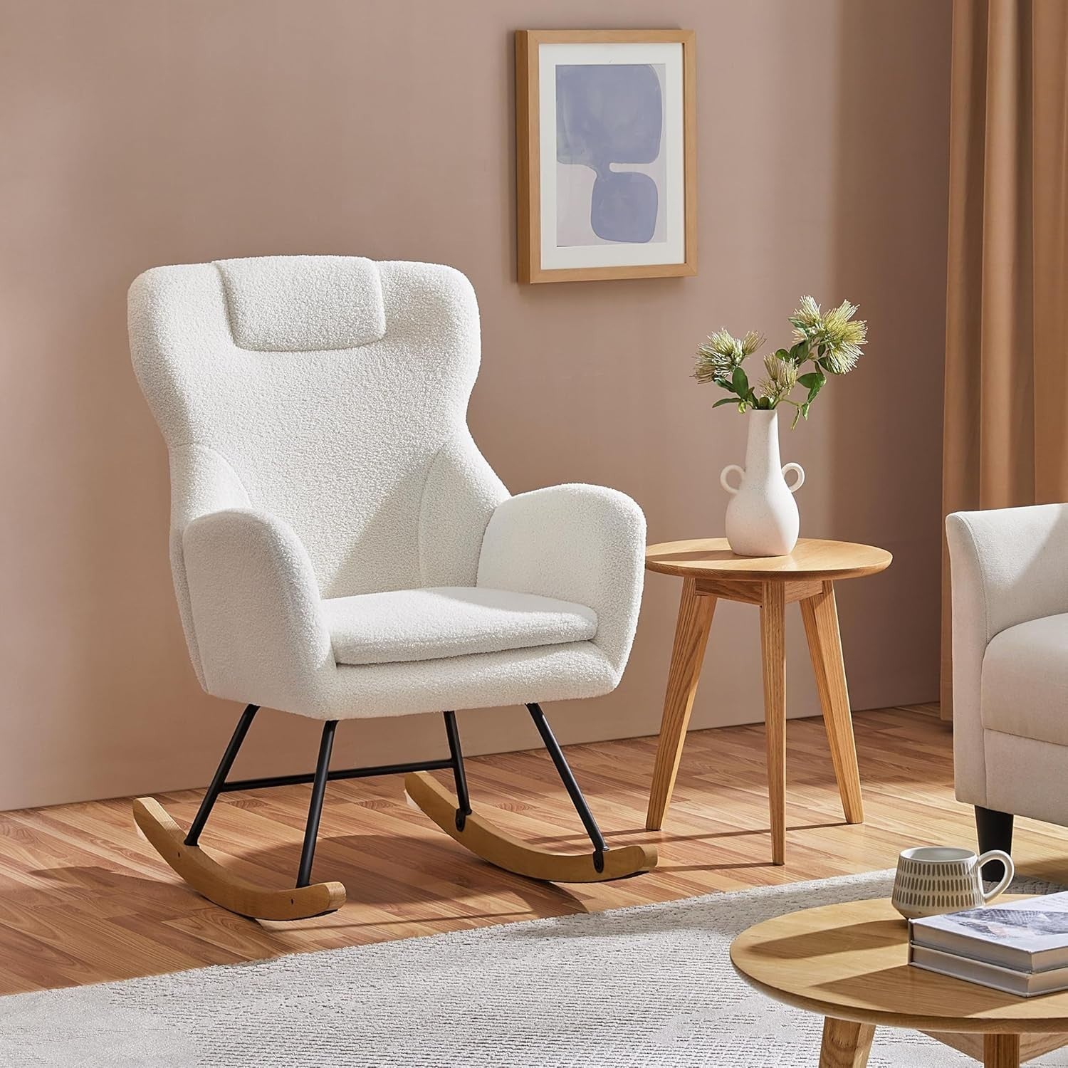 Rocking Armchair Boucle Fabric for Adults, Solid Wood Base, Cozy Lounge Chair