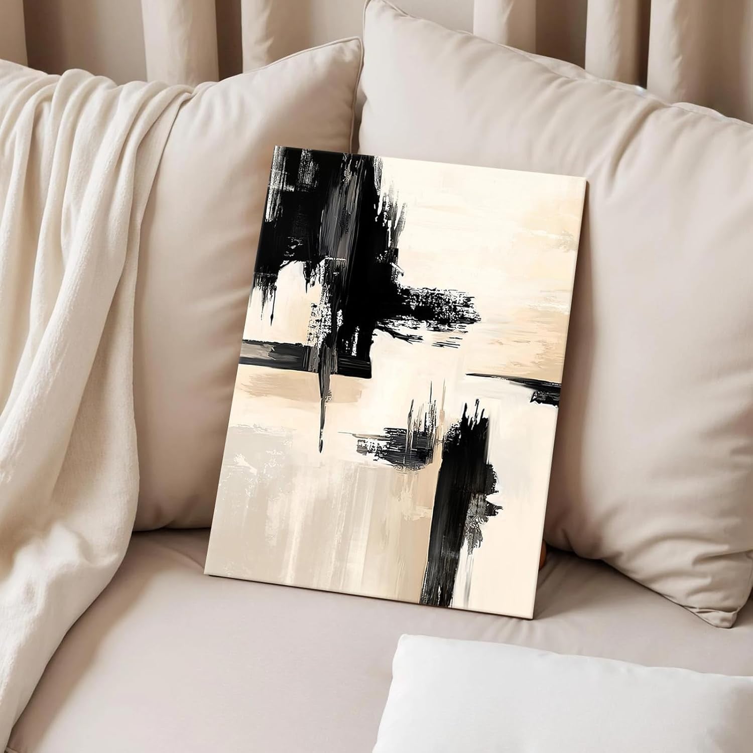 Abstract Black Beige Canvas Wall Art Framed 30x40cm Modern