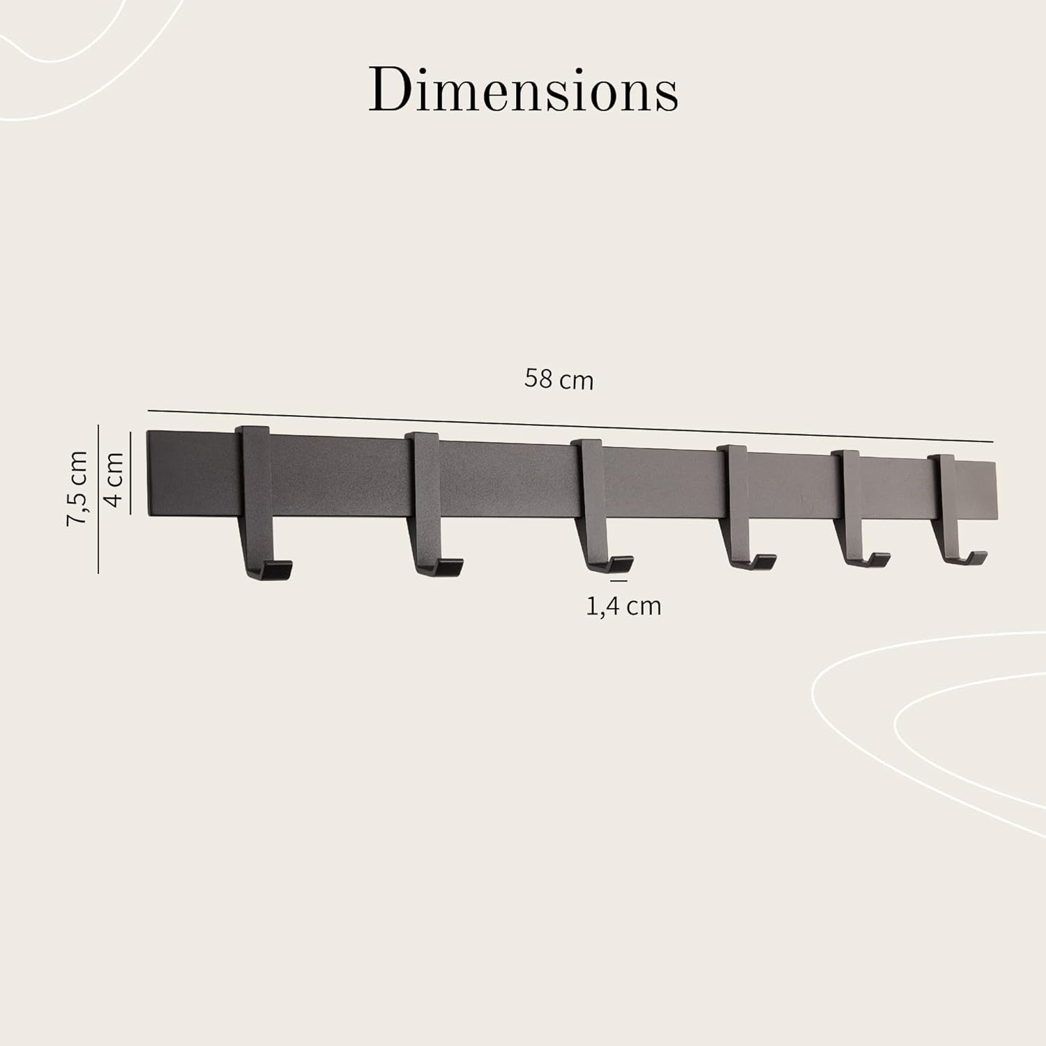 Modern Black Wall Coat Rack 58cm | Metal Rail with 6 Sliding Hooks Matte